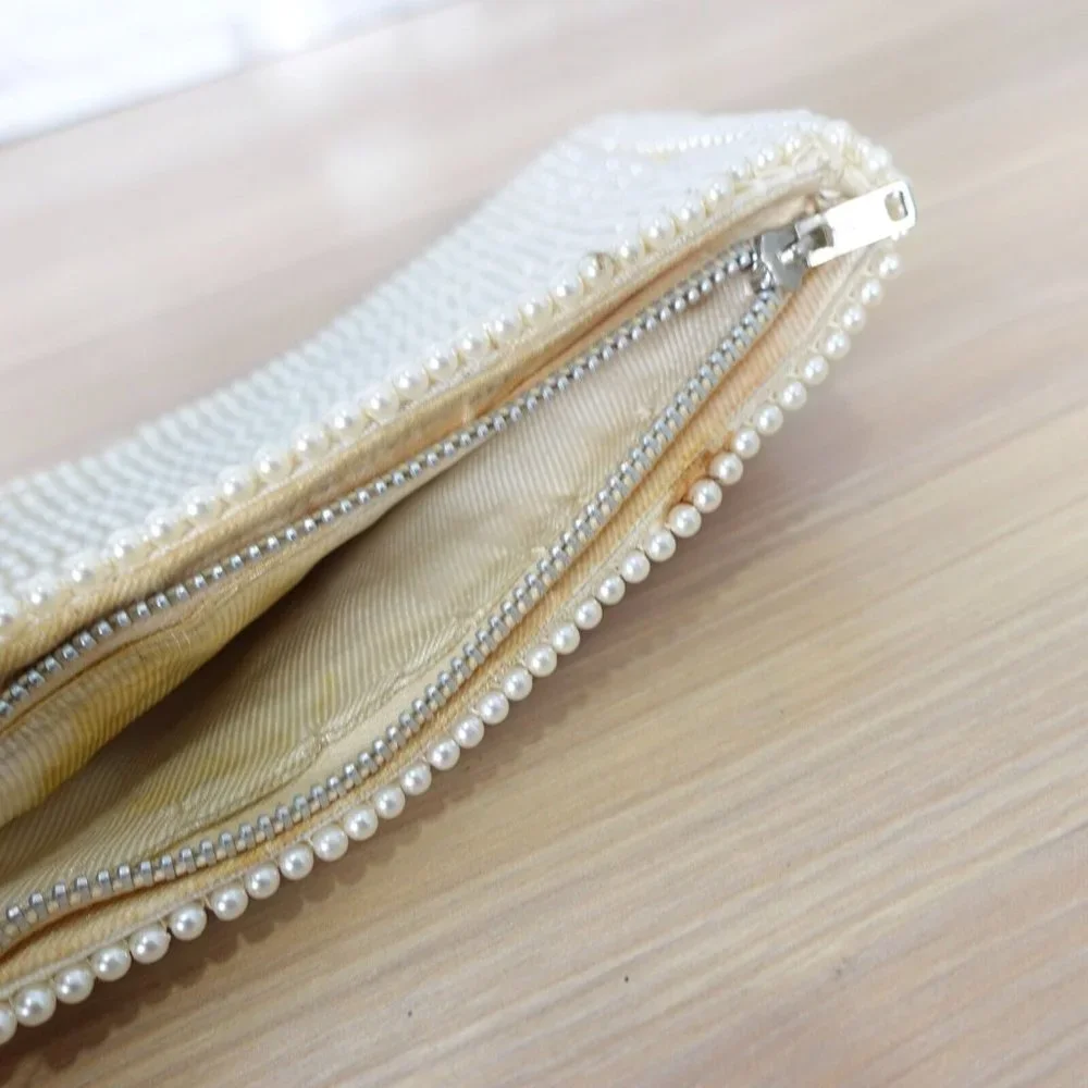 VINTAGE Boho Pearl Beaded Evening Clutch Bag Cream Art Deco Empress 70s Handmade